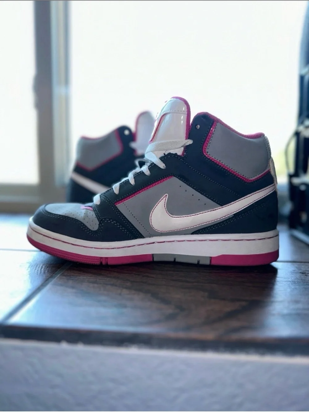 Nike High-Top Sneakers in White, Gray & Pink Accent